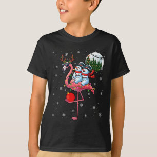 Two Xmas Snowmen Riding Flamingo Reindeer Sungles T-Shirt