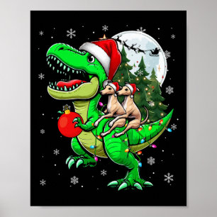 Two Xmas Whippets Riding T-rex Reindeer Lover Kids Poster
