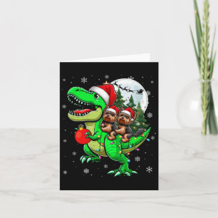 Two Xmas Yorkshire Terriers Riding T-rex Reindeer Card