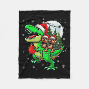 Two Xmas Yorkshire Terriers Riding T-rex Reindeer Fleece Blanket