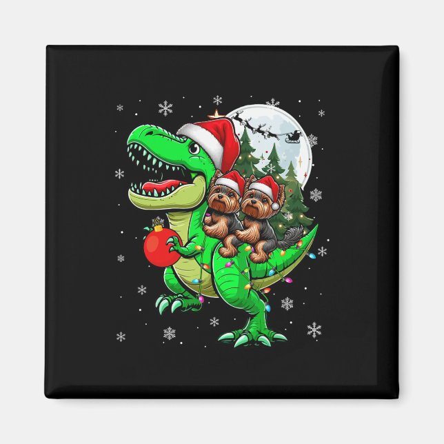 Two Xmas Yorkshire Terriers Riding T-rex Reindeer  Magnet (Front)