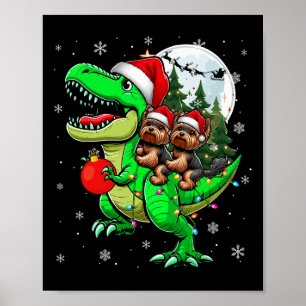 Two Xmas Yorkshire Terriers Riding T-rex Reindeer Poster