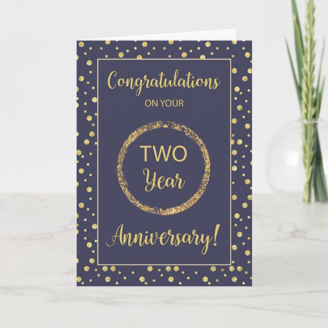 Two Year Business Anniversary Navy and Gold-Look Card (Front)