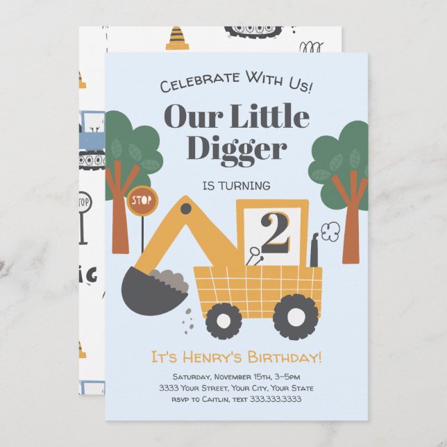 Two Year Old Construction Theme Birthday Party Invitation (Front/Back)