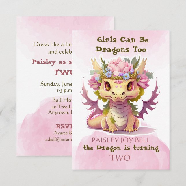 Two Year Old Girl Dragon Invitation (Front/Back)