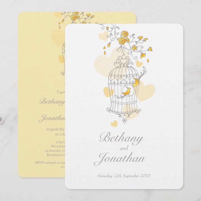 Two yellow birds open birdcage wedding invitation (Front/Back)