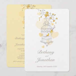 Two yellow birds open birdcage wedding invitation