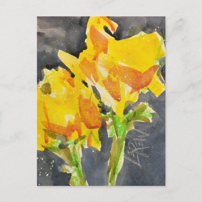 Two Yellow Flowers Crayon Resist Painting #241101 Postcard (Front)