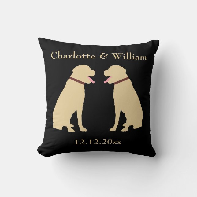 Two Yellow Golden Labradors Personalised Wedding Cushion (Front)