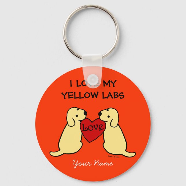 Two Yellow Labradors with Love Cartoon Key Ring (Front)
