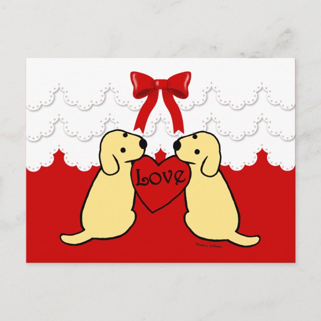 Two Yellow Labradors with Love Cartoon Lace Postcard (Front)