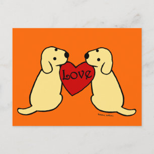 Two Yellow Labradors with Love Cartoon Postcard