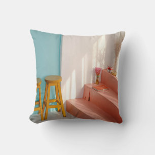 Two yellow wooden bar stools cushion