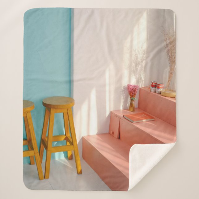 Two yellow wooden bar stools sherpa blanket (Front)