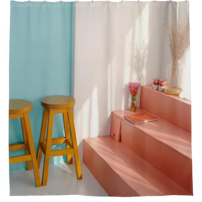 Two yellow wooden bar stools shower curtain (Front)