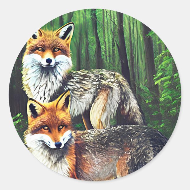 two young Foxes animal nature wildlife art  Classic Round Sticker (Front)
