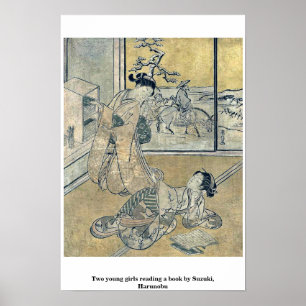 Two young girls reading a book by Suzuki, Harunobu Poster