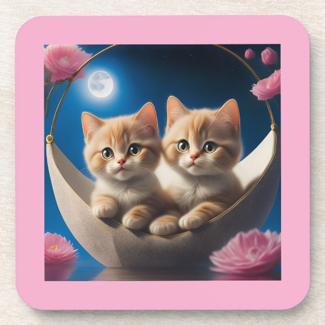 Two Young Kittens In A Basket With Pink Roses Coaster (Front)