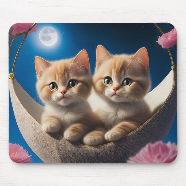 Two Young Kittens In A Basket With Pink Roses Mouse Mat (Front)