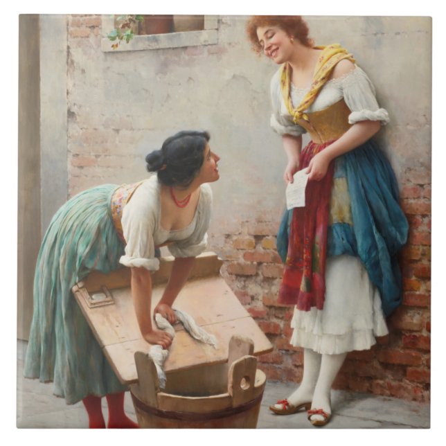 Two Young Washerwomen Sharing the News Tile (Front)