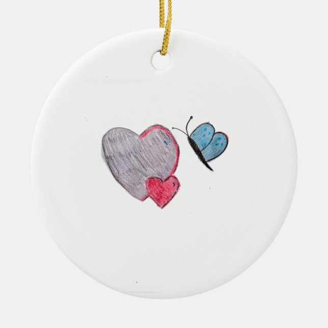 Twos Hearts with Butterfly  Ceramic Tree Decoration (Front)