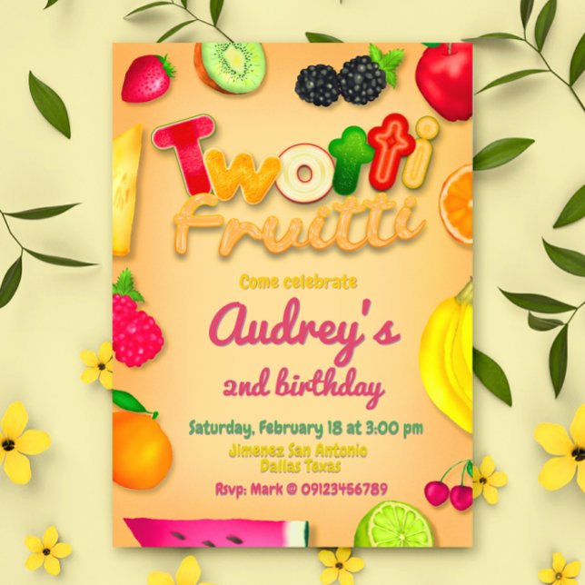 Twotti Fruitti - Fruits Birthday Yellow Invitation (Twotti Fruitti - Fruits Birthday Yellow Invitation)