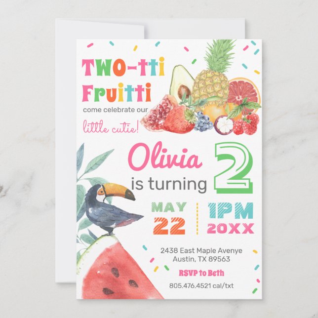 Twotti Fruitti Tropical Fruits Toucan Birthday Invitation (Front)