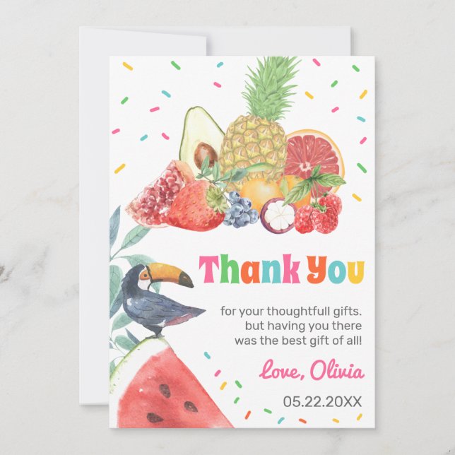 Twotti Fruitti Tropical Fruits Toucan Birthday Thank You Card (Front)