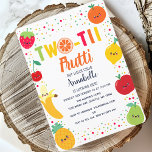 Twotti Frutti Fruit Kids Second Birthday Invitation<br><div class="desc">Celebrate your sweetie's special day with this Twotti Frutti Fruit Kids Secon Birthday design. This invite features a design of cute fruit with happy faces around the border. 
The reverse is a pattern of happy cute fruits and colourful dots.</div>