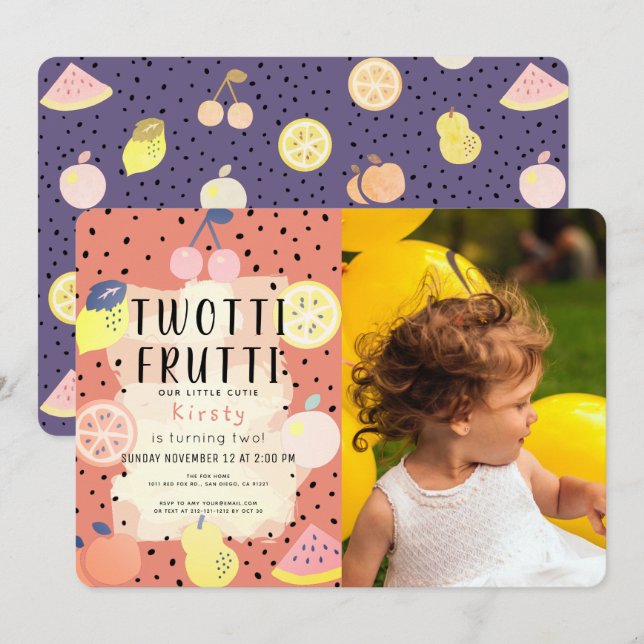 Twotti Frutti Fruit Orange Photo 2nd Birthday Invitation (Front/Back)