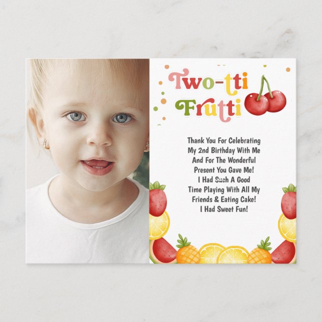Twotti Frutti Fruity Second Birthday Thank You Postcard (Front)