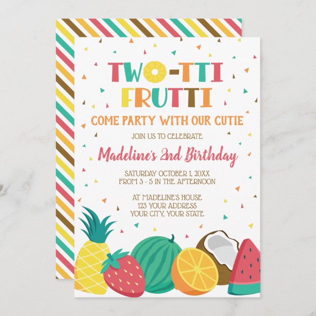 Twotti Frutti Girls Second Birthday Fruit Theme Invitation (Front/Back)