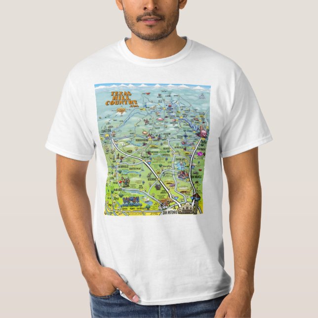 TX Hill Country Cartoon Map T-Shirt (Front)