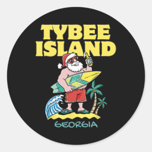 TYBEE ISLAND GEORGIA Santa Christmas Surfing Classic Round Sticker