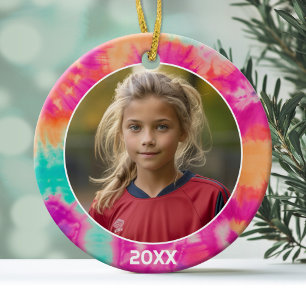 Tye Dye Border with Photo and Year - pink teal Ceramic Tree Decoration