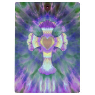 Tye Dye Cross with Heart Centre in Purple, Blue Clipboard