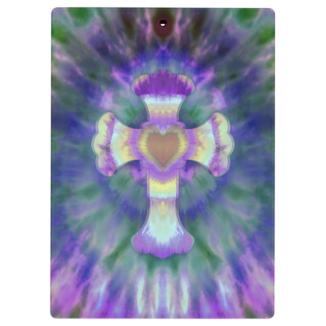 Tye Dye Cross with Heart Centre in Purple, Blue Clipboard (Back)
