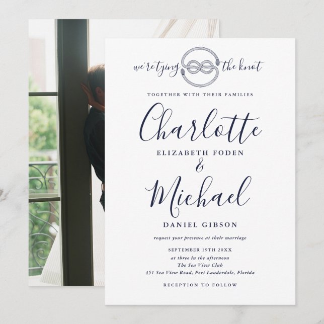Tying Knot Navy Blue Script Photo Nautical Wedding Invitation (Front/Back)