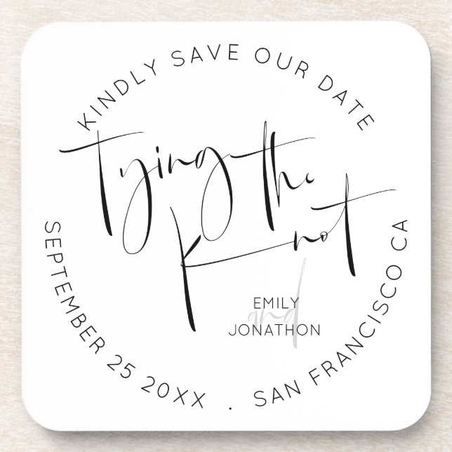 Tying The Knot Black White Keepsake Save The Date Coaster (Front)