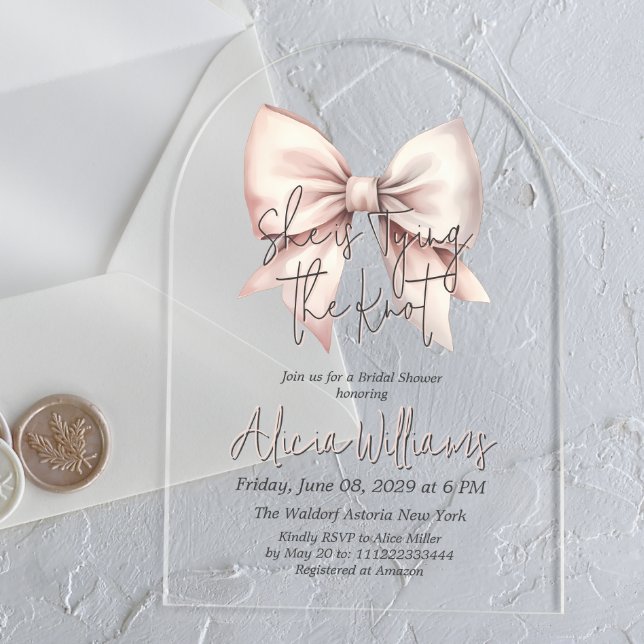Tying the Knot Blush Pink Bow Bridal Shower Acrylic Invitations (Creator Uploaded)