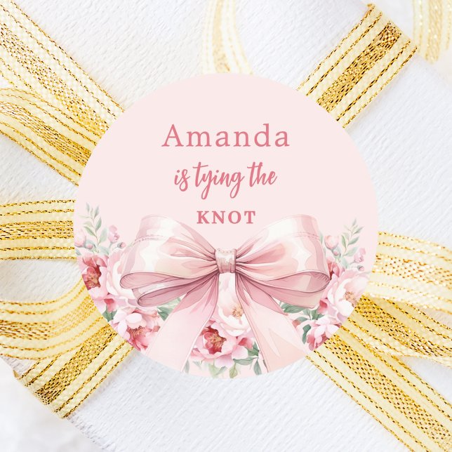 Tying the knot bow pink florals Bridal Shower Classic Round Sticker (Creator Uploaded)