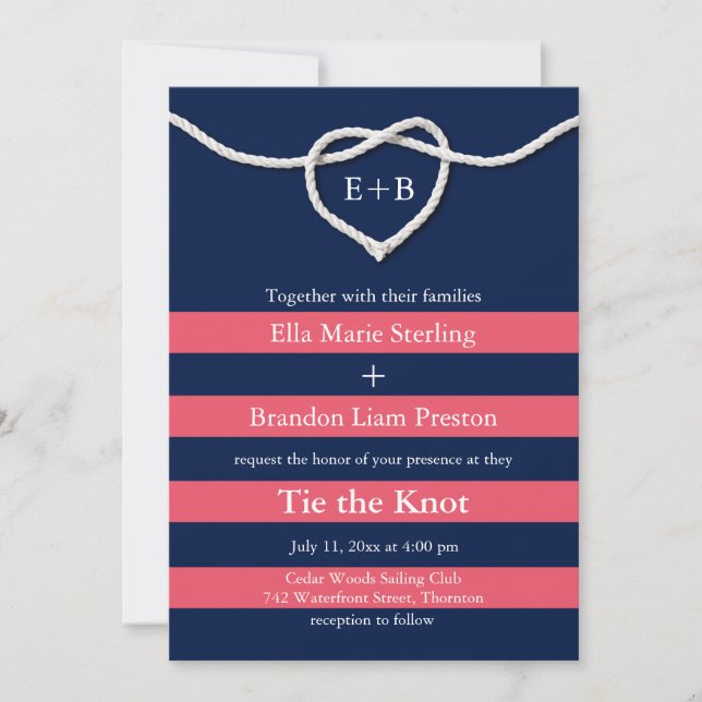 Tying the Knot Coral & Navy Wedding Invitation (Front)