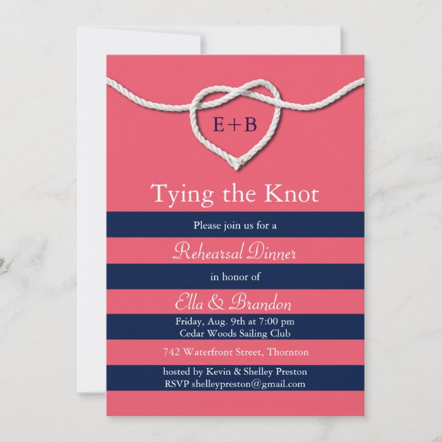 Tying the Knot Coral Rehearsal Dinner Invitation (Front)