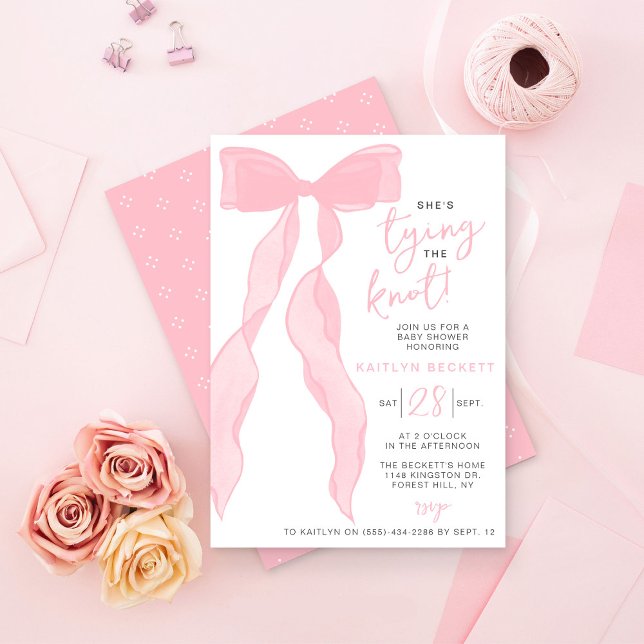 Tying The Knot Elegant Pink Bow Bridal Shower Invitation (Creator Uploaded)