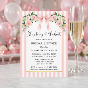 Tying the Knot Floral Pink Stripes Bridal Shower Invitation