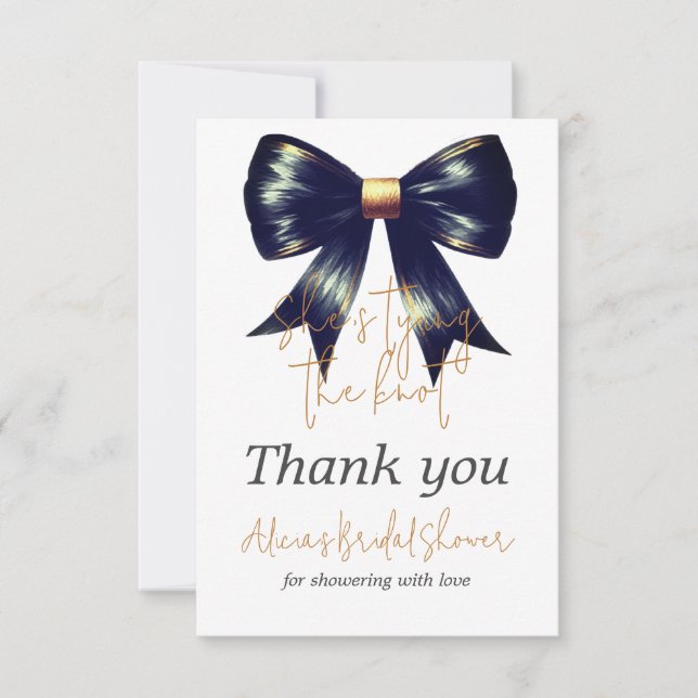 Tying the Knot Gold Black Bow Bridal Shower Thank You Card (Front)