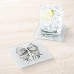Tying the Knot Gold White Bow Bridal Shower Glass Coaster