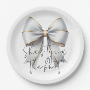 Tying the Knot Gold White Bow Bridal Shower Paper Plate
