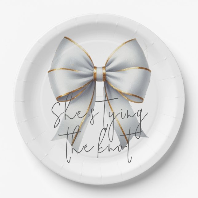 Tying the Knot Gold White Bow Bridal Shower Paper Plate (Front)