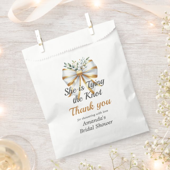 Tying the Knot Gold White Bow Floral Bridal Shower Favour Bags (Clipped)